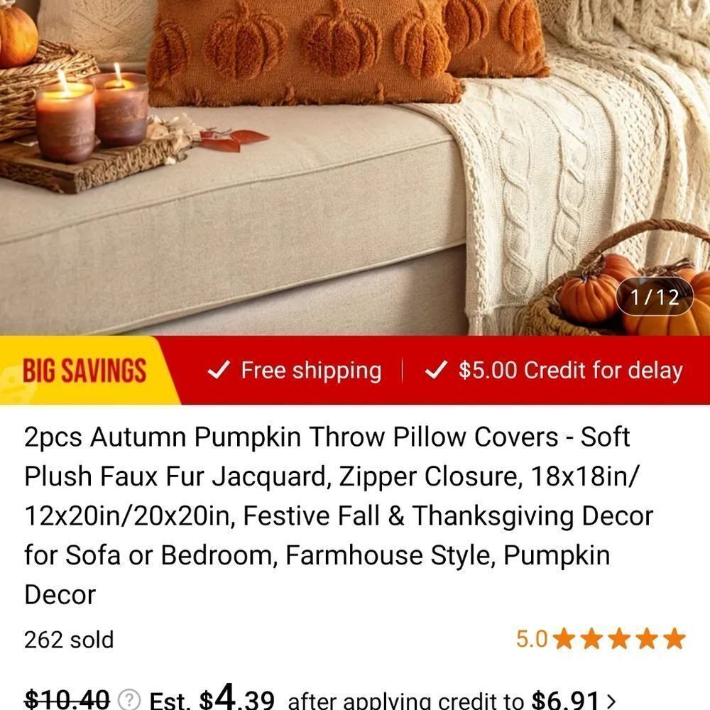 💐Plush Faux Fur Jacquard Autumn Pumpkin Throw Pillow Zipper Closure 18" X 18" - Picture 5 of 5